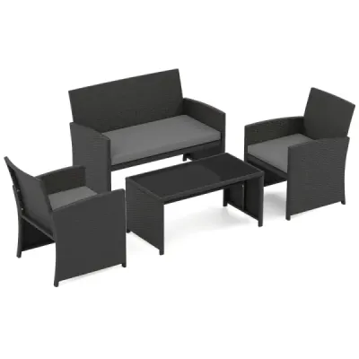 4dílný ratanový zahradní nábytek Wicker 2místná pohovka s konferenčním stolkem z tvrzeného skla, šedá