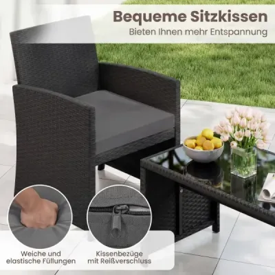 4dílný ratanový zahradní nábytek Wicker 2místná pohovka s konferenčním stolkem z tvrzeného skla, šedá