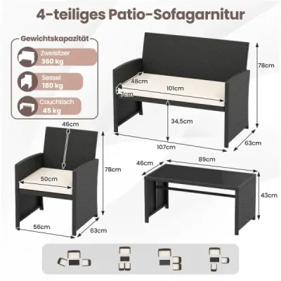 4dílný ratanový zahradní nábytek Wicker 2místná pohovka s konferenčním stolkem z tvrzeného skla, béžová