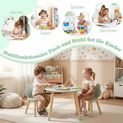 Dětský stůl se 2 židlemi Dětský psací stůl a židle ve tvaru žáby s dřevěnými nohami, zelené