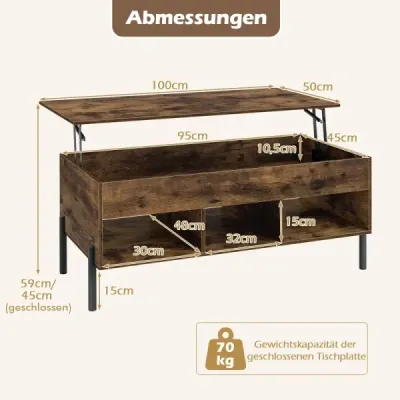Výškově nastavitelný konferenční stolek Konferenční stolek se zvedací deskou 3 otevřené přihrádky Hnědý 100 x 50 x 45/59 cm