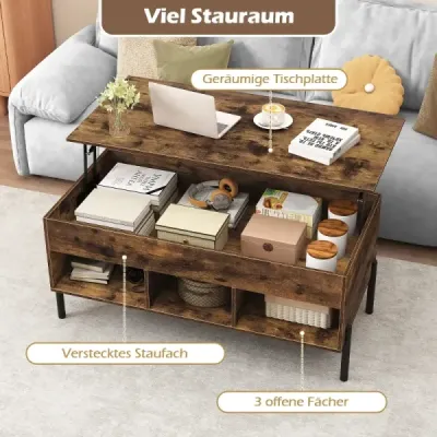 Výškově nastavitelný konferenční stolek Konferenční stolek se zvedací deskou 3 otevřené přihrádky Hnědý 100 x 50 x 45/59 cm
