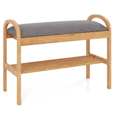 Bambusová lavice na boty s úložným prostorem Dvoupatrová botník s polstrovaným sedákem 70 x 31,5 x 51 cm Přírodní & šedá