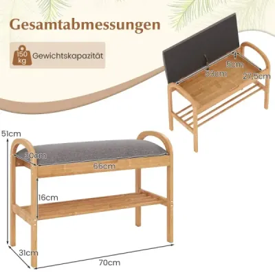 Bambusová lavice na boty s úložným prostorem Dvoupatrová botník s polstrovaným sedákem 70 x 31,5 x 51 cm Přírodní & šedá