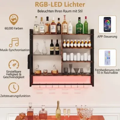 6patrová závěsná police Závěsná police s 8 háčky ve tvaru S a boční kapsou s RGB LED 107 x 24 x 96 cm Rustikální hnědá