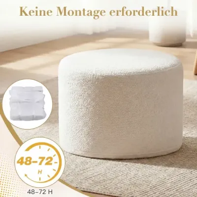 Kulatý sedací taburet 45 x 35 cm, měkký ottoman s pěnovou výplní a látkou z smyčkové příze, béžový
