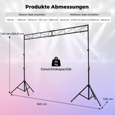 360 cm dlouhý světelný stojan s příčnou tyčí, výškově nastavitelný DJ světelný stojan 140–265 cm