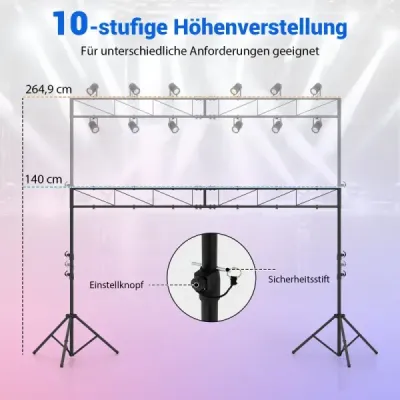 360 cm dlouhý světelný stojan s příčnou tyčí, výškově nastavitelný DJ světelný stojan 140–265 cm