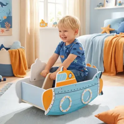 Dětská houpací loďka s námořnickým designem, otočnou vrtulí a rukojeťmi z březového dřeva. Houpací kůň.