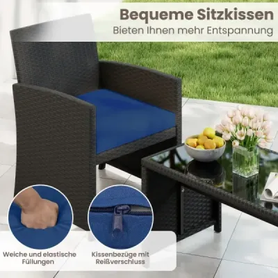 Ratanový zahradní nábytek se 2 židlemi, lavicí, stolem a polštáři Venkovní lounge nábytek Zahradní souprava Modrá