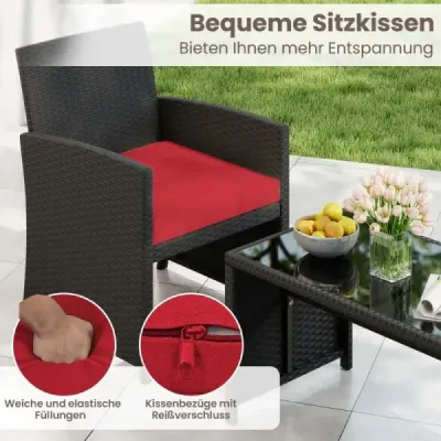 Ratanový zahradní nábytek se 2 židlemi, lavicí, stolem a polštáři Venkovní lounge nábytek Zahradní souprava Červená