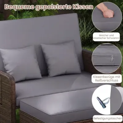 Polyrattanové lehátko pro 2 osoby, balkonový nábytek a taburet s úložným prostorem, 4stupňově nastavitelné opěradlo, šedé