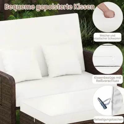 Polyrattanové lehátko pro 2 osoby, balkonový nábytek a taburet s úložným prostorem, 4polohové nastavitelné opěradlo, bílé