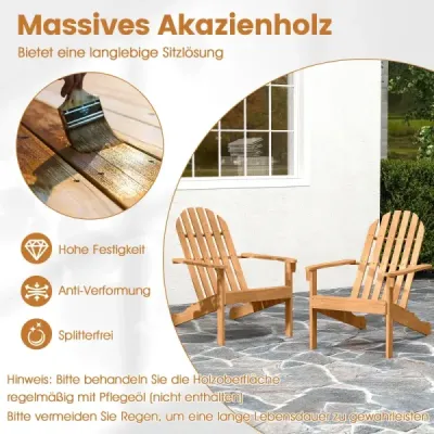 Adirondack židle Zahradní židle z akáciového dřeva se skloněným sedákem a vysokým opěradlem Přírodní