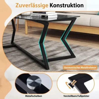 Obdélníkový konferenční stolek s deskou z tvrzeného skla a geometrickým kovovým podnožím Moderní skleněný stolek