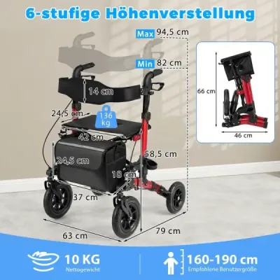 2 v 1 invalidní vozík a cestovní chodítko se sedátkem do 136 kg Skládací chodítko Hliníkové chodítko Červená