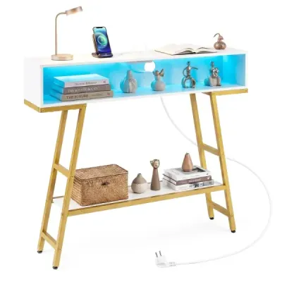 Konzolový stolek s LED osvětlením a nabíjecí stanicí 3stupňový stolek do předsíně Úzký stolek k pohovce, bílý