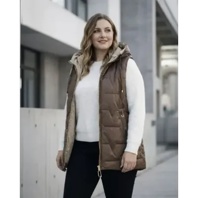 Tenká dámská vesta s kontrastním lemováním MODA8585BIG čekoládová