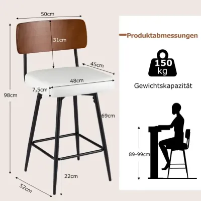 Sada 2 otočných barových židlí v industriálním stylu s čalouněným opěradlem, čtvercové, bílé