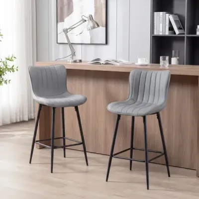 Barové židle, sada 2 ks, vysoké kuchyňské židle s ergonomickým opěradlem, čalouněné sedáky, šedé