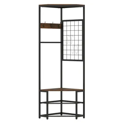 3 v 1 rohová šatní skříň z kovu, prostorově úsporná šatní skříň s háčky, rustikální hnědá, 49 x 49 x 171 cm