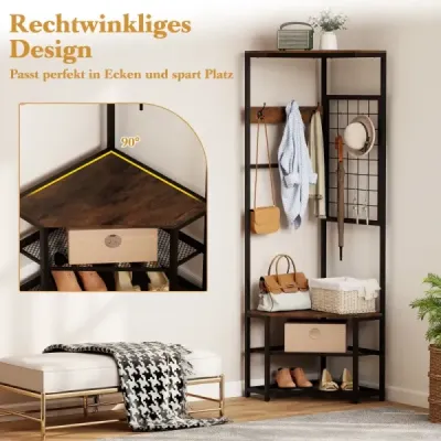 3 v 1 rohová šatní skříň z kovu, prostorově úsporná šatní skříň s háčky, rustikální hnědá, 49 x 49 x 171 cm