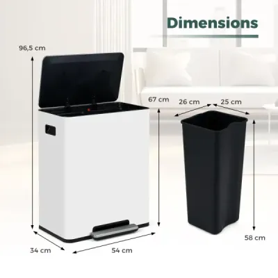 60L kuchyňský odpadkový koš z nerezové oceli s pedálem a víkem Softclose, 2 přihrádky, systém třídění odpadu, bílý