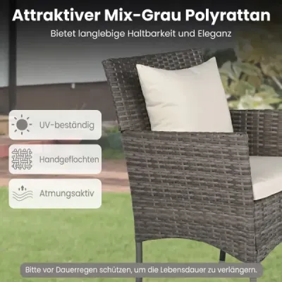 3dílná sada zahradního nábytku na balkon včetně 2 ratanových židlí s dvouvrstvým stolem z tvrzeného skla, béžová