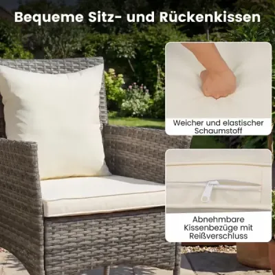 3dílná sada zahradního nábytku na balkon včetně 2 ratanových židlí s dvouvrstvým stolem z tvrzeného skla, béžová