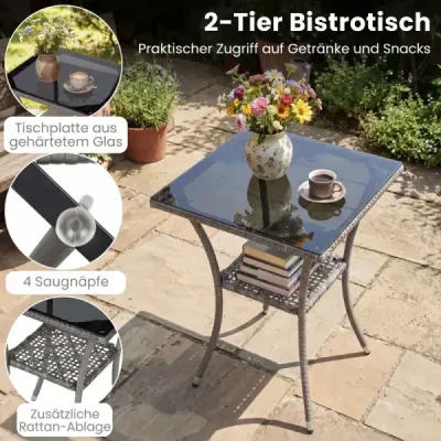 3dílná sada zahradního nábytku na balkon včetně 2 ratanových židlí s dvouvrstvým stolem z tvrzeného skla, béžová