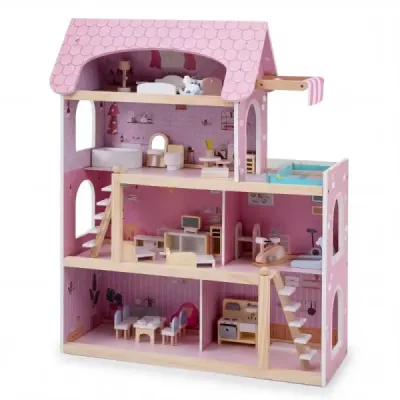 Dětský dřevěný domeček pro panenky s 33 kusy nábytku DIY domeček s balkonem a bazénem Domeček pro panenky růžový