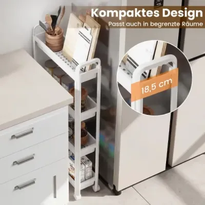 4-policový úzký kuchyňský vozík na kolečkách s úchyty, koupelnový vozík s policemi do výklenku, bílý