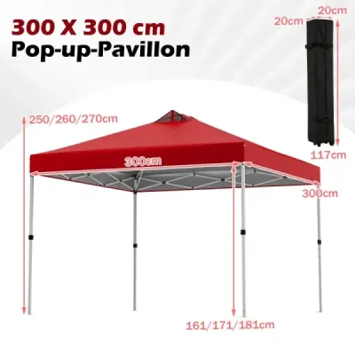 Skládací altán 3 x 3 m se 4 pytli s pískem, kolíky a lany, skládací altán, zahradní altán, červený