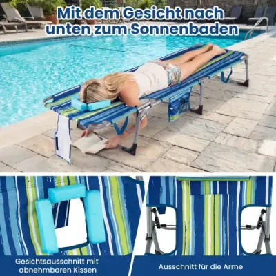 Skládací lehátko s otvorem pro hlavu a paže, zahradní lehátko s nastavitelným opěradlem, modré pruhované