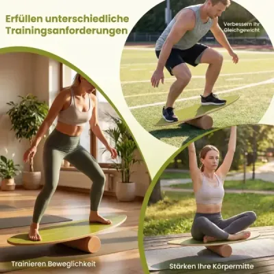 Balance board pro dospělé – dřevěný trenažér rovnováhy s korkovou rolí, zelený + přírodní