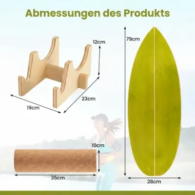 Balance board pro dospělé – dřevěný trenažér rovnováhy s korkovou rolí, zelený + přírodní