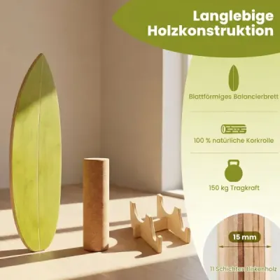 Balance board pro dospělé – dřevěný trenažér rovnováhy s korkovou rolí, zelený + přírodní