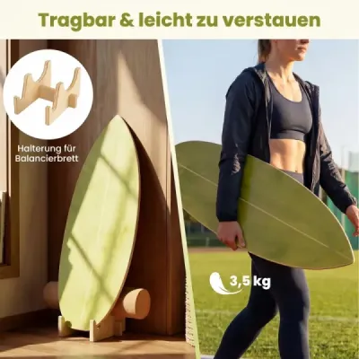 Balance board pro dospělé – dřevěný trenažér rovnováhy s korkovou rolí, zelený + přírodní