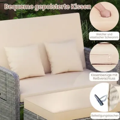 Lehátko z polyrattanu s nastavitelným opěradlem a výklopnou boční odkládací plochou, béžové