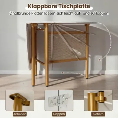 Skládací jídelní stůl pro 6–8 osob, prostorově úsporný kuchyňský stůl se skládací funkcí, 150 x 80 x 76 cm, bílá + zlatá