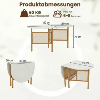 Skládací jídelní stůl pro 6–8 osob, prostorově úsporný kuchyňský stůl se skládací funkcí, 150 x 80 x 76 cm, bílá + zlatá