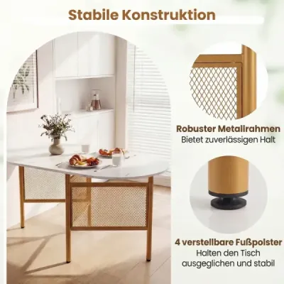 Skládací jídelní stůl pro 6–8 osob, prostorově úsporný kuchyňský stůl se skládací funkcí, 150 x 80 x 76 cm, bílá + zlatá