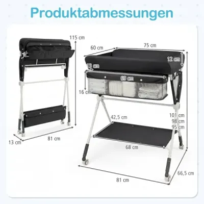 Přenosný přebalovací pult skládací přebalovací stanice s 3stupňovým nastavením výšky 81 x 66,5 x 95-101 cm černá