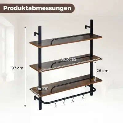 3policový závěsný trubkový regál na zeď se 4 háčky ve tvaru písmene S, 80,5 x 24 x 97 cm, bez osvětlení