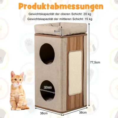Třípatrový škrabací strom s škrabací deskou a 3 podložkami pro kočky do 20 kg, béžová + přírodní