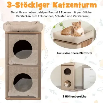 Třípatrový škrabací strom s škrabací deskou a 3 podložkami pro kočky do 20 kg, béžová + přírodní