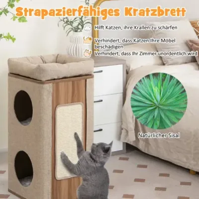 Třípatrový škrabací strom s škrabací deskou a 3 podložkami pro kočky do 20 kg, béžová + přírodní