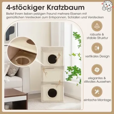 Čtyřpatrový škrabací strom se 3 pelíšky a polštářky pro kočky do 25 kg, škrabací strom v přírodním provedení