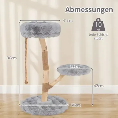 90 cm škrabadlo z masivního dřeva se 3 plyšovými sedátky, lanem a škrabacími sloupky – kočičí strom, kočičí věž, šedá