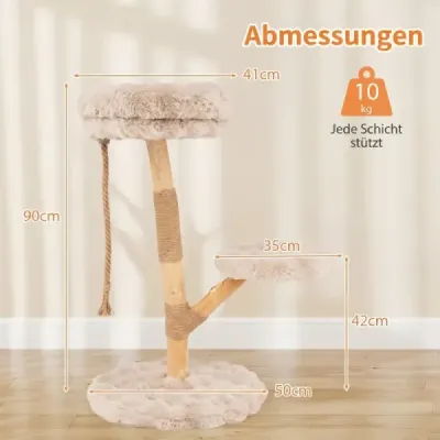 90 cm škrabadlo z masivního dřeva se 3 plyšovými sedátky, lanem a škrabacími sloupky – kočičí strom, kočičí věž, béžová